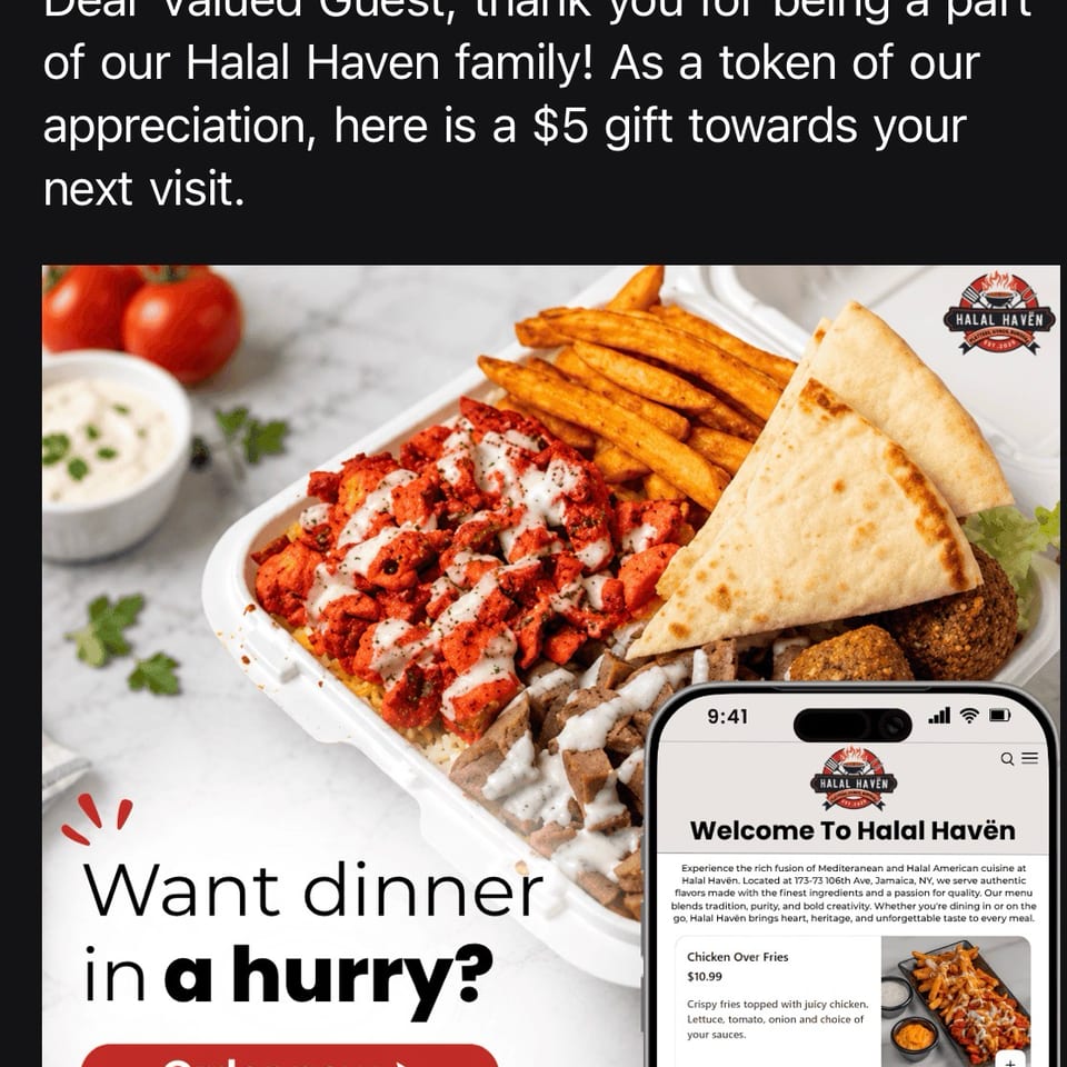 Halal Haven promotional graphic featuring a Mediterranean meal, online ordering phone screen, appreciation message, and $5 discount offer.