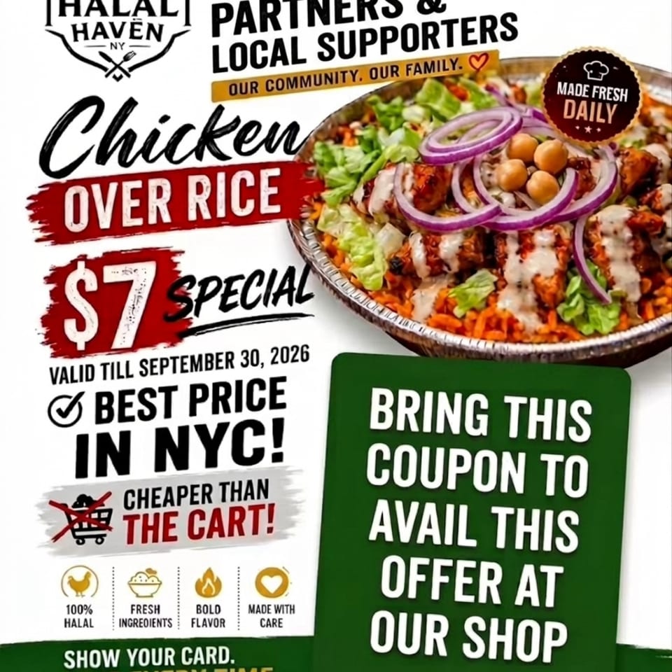Halal Haven promotional poster featuring a $7 chicken-over-rice special, fresh toppings, and an in-store coupon offer in Jamaica, Queens.