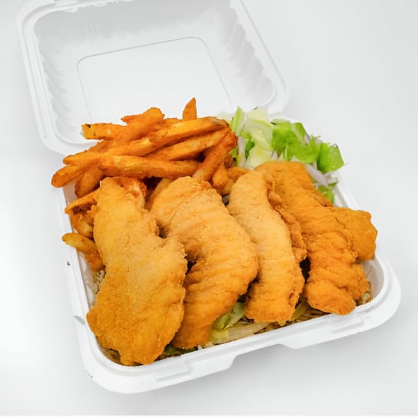 Halal Haven's fried chicken tenders and french fries with a side salad in a takeout container.